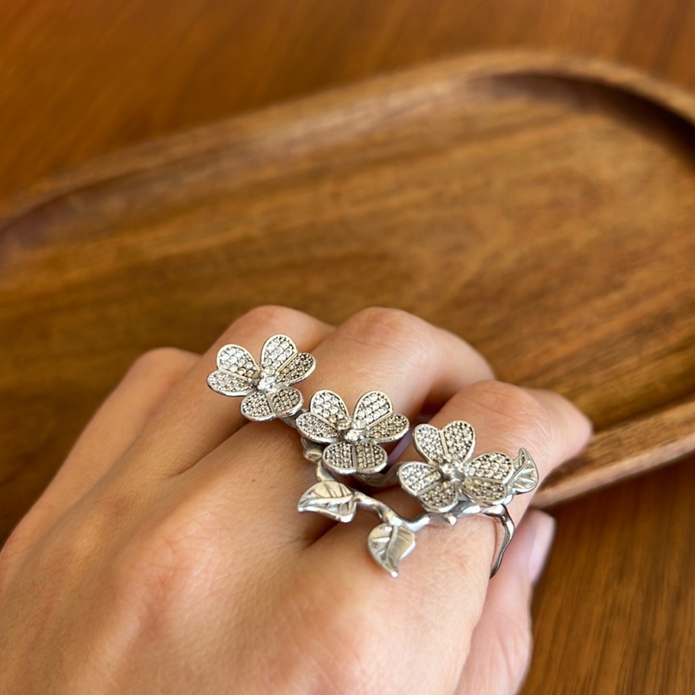 Unique two-in-one rings floral, Sterling silver, CZ (zirconia)